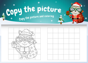 Copy the picture kids game and coloring page with a cute raccoon using santa costume