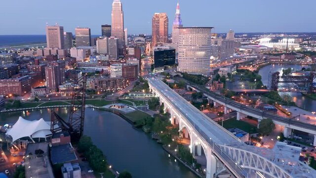 Aerial Hyperlapse of downtown Cleveland at sunset, Ohio, USA