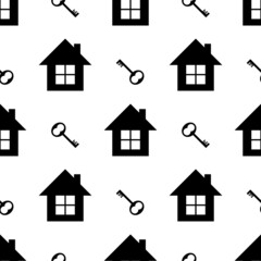 Monochrome house silhouettes and keys vector seamless pattern background.