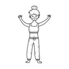 Cheerful girl in pajamas stretches and does exercises in the morning. Black and white vector isolated illustration doodle. Morning routine