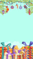 Copy space background for Christmas and New Year greeting. Cartoon gift boxes under garland lights, hanging tree toys and fir decoration. Vertical Xmas card, poster, flyer, Instagram story template