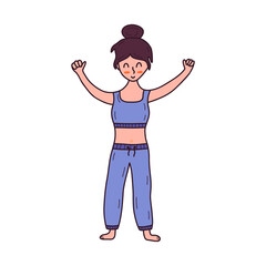 Cheerful girl in pajamas stretches and does exercises in the morning. Colorful vector isolated illustration hand drawn. Morning routine
