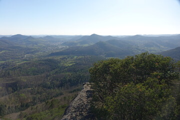 Scenic view from Orensfels outlook point to the west over Palatinate Forest (Pfälzer Wald), Frankweiler, Germany
