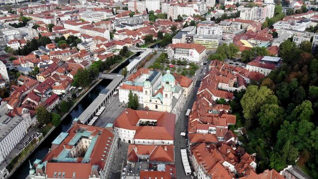 Shot from a drone Cathedral of St. Nicholas in Ljubljana. Catholic cathedral in the city of Ljubljana. Cathedral of the Diocese of Ljubljana. Architectural monument. Cathedral in the center Ljubljana
