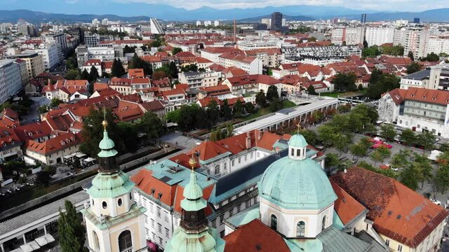 Shot from a drone Cathedral of St. Nicholas in Ljubljana. Catholic cathedral in the city of Ljubljana. Cathedral of the Diocese of Ljubljana. Architectural monument. Cathedral in the center Ljubljana