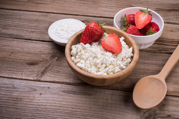 Cottage cheese in  a bowl,  healthy dairy product with  proteins and minerals