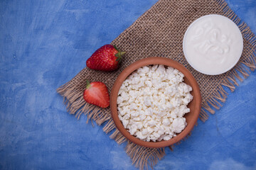 Cottage cheese in  a bowl,  healthy dairy product with  proteins and minerals