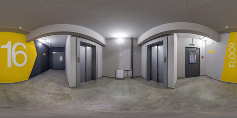 360 hdri panorama in corridor near the elevators of metal service lift room on 16 floor in...