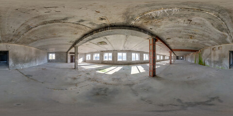 Fototapeta premium full seamless spherical hdri panorama 360 degrees in abandoned interior of large empty room as warehouse, hangar or gallary with windows in equirectangular projection. VR AR concept