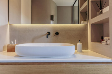Naklejka na ściany i meble Bathroom sink basin and faucet modern interior design. Black taps and white washbasin,