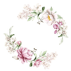 Fototapeta na wymiar Wreath, floral frame, watercolor flowers, Illustration hand painted. Isolated on white background. Perfectly for greeting card design.