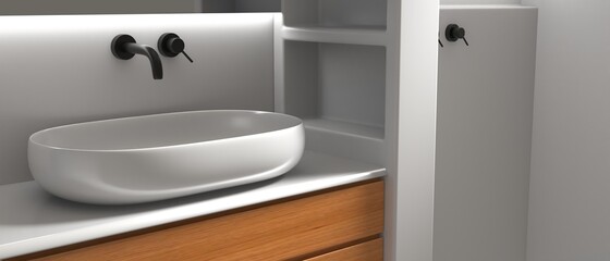 Fototapeta na wymiar Bathroom interior modern minimal design. Round white basin on a table and taps. 3d illustration