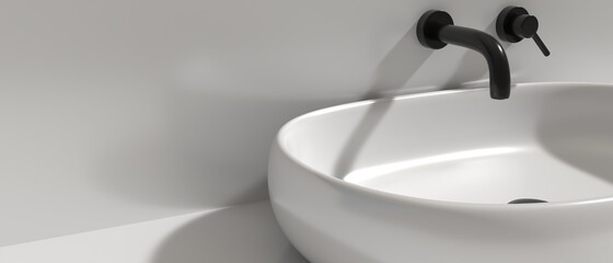 Sink basin and faucet, bathroom interior. Black tap and white washbasin. 3d illustration - obrazy, fototapety, plakaty