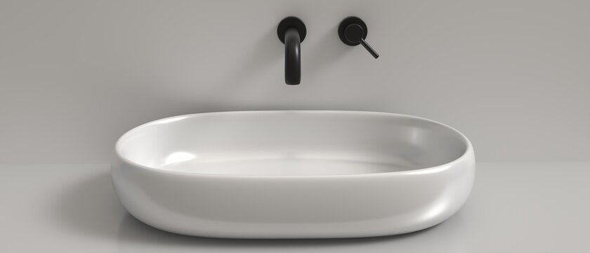 Sink basin and faucet, bathroom interior. Black tap and white washbasin. 3d illustration