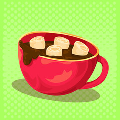 Hot Chocolate with marshmallow in red cup mug illustration