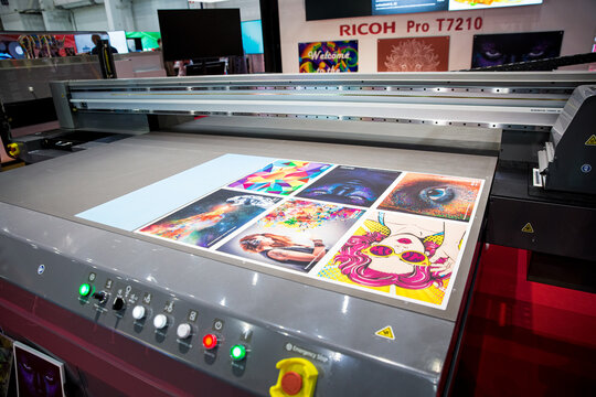 Helsinki, Finland - March 11, 2020: Big Professional Industrial Printer Ricoh Pro T7210 In Action. International Fair Sign, Print And Pack At Messukeskus Exhibition Centre. 