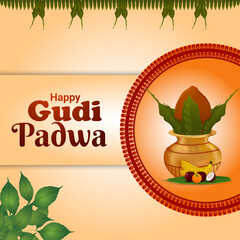Happy gudi padwa indian festival greeting card with vector kalash