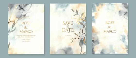 Set of wedding cards, invitations with watercolor backgrounds and botanical elements.