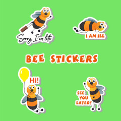 Set of bees sticker on a green background.