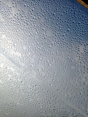 Rain drops on window with morning sunlight