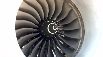 Rotor of engine rotates. Close up of curved blades of engine compressor. Nacelle with engine under wing of wide-body jet passenger aircraft. Boeing 787 Dreamliner. Zhukovsky, Russia, August 16, 2011
 - Powered by Adobe