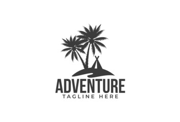 beach camp logo vector graphic with palm, tent, and island for any business.
