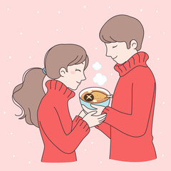 A couple carries a bowl of chicken soup together.