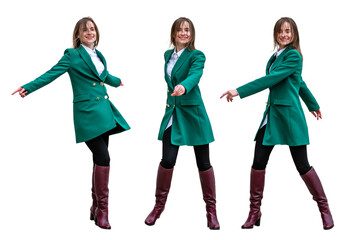 set of young atractive dancing women isolated over white background, full lenght, various poses