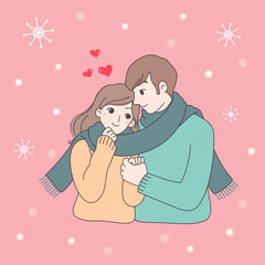 A couple leaned together and wore a scarf together.