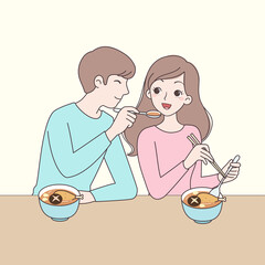 A couple eat mushroom chicken soup, boys feed girls.