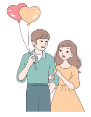 A couple is very close, the girl holds his arm, the boy holds balloons in his hand.