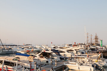 A lot yachts and boats in the port of Kemer, Turkey. Tourism and travel