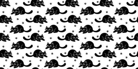 Vector illustration of happy cute black cat character on white color background. Flat line art style design of seamless pattern with animal cat