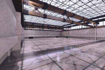 Empty hall exhibition centre.The backdrop for exhibition stands,booth. Conversation centre for the conference.Big Arena for entertainment,concert,event.3d Background for online,live.3D render.