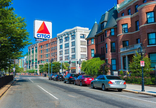 Boston, MA - June of 2016, USA: Boston Marathon, view of Kenmore Square and big Citgo logo on rooftop of building