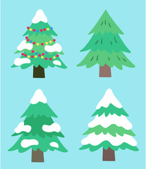 4 different types of Christmas trees, including hanging bulbs and snow.