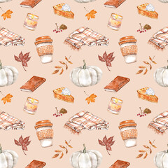 Watercolor autumn season seamless pattern. Pumpkin spice coffee latte cup, orange leaves, candles, warm cozy blanket. Fall print with beige background.