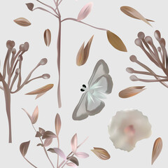 Boho Seamless patterns with decoration leaves, butterfly, flower, dry herbs, tree branch. Endless texture. Vector illustration