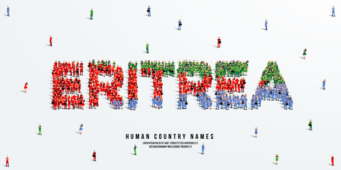 A large group of people stands, making up the word Eritrea. Eritrea flag made from people crowd. Vector illustration isolated on white background.