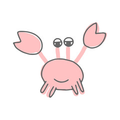 Cute cartoon pink crab drawing. Funny smiling crab character vector illustration. Doodles.