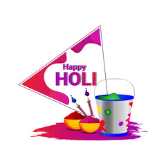 Realistic color mud pot and color bucket for happy holi celebration background