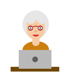 Happy grandmother with laptop. Grandma is sitting at the computer. Vector flat illustration.