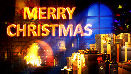 gifts pile and chimney for christmas with text - abstract 3D rendering