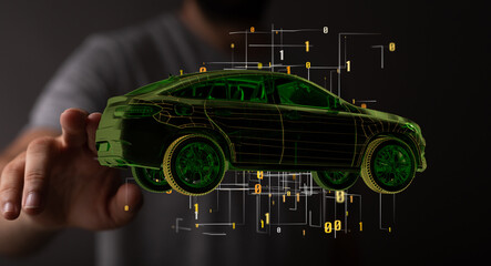 Hologram auto, futuristic polygonal model auto.