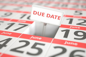 DUE DATE message on June 18 in a calendar, 3d rendering