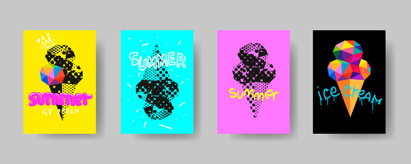 Ice cream colorful summer cover trendy design template, Vector backgrounds set. Design industry for posters, placards,banners, flyers. Hand drawn illustration.