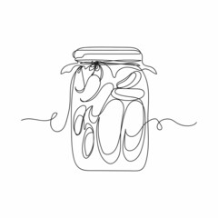 Vector continuous one single line drawing icon cucumber vegetables in glass jar of jug in silhouette on a white background. Linear stylized.