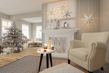 Fototapeta na wymiar New year tree in scandinavian style interior with christmas decoration and fireplace 