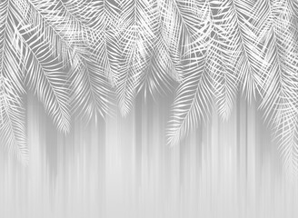 Leaves on a gray background. Tropical painted branches. Decorative drawing, wallpaper for the bedroom. Fresco for the interior.