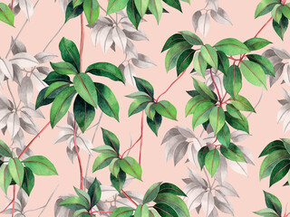 Watercolor painting ivy green leaves seamless pattern on pink rose background.Watercolor hand drawn illustration tropical exotic leaf prints for wallpaper,textile Hawaii aloha jungle summer pattern.